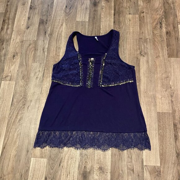 Vanity Navy Blue Beaded Lace Tank Top Size Large - Picture 1 of 6